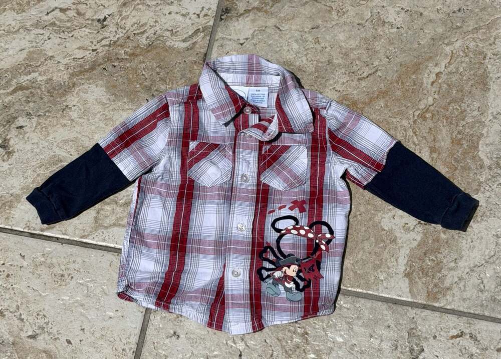 Vintage Y2K Disney Baby Boy Pirate Mickey Mouse Plaid Button-Down Shirt, 6M